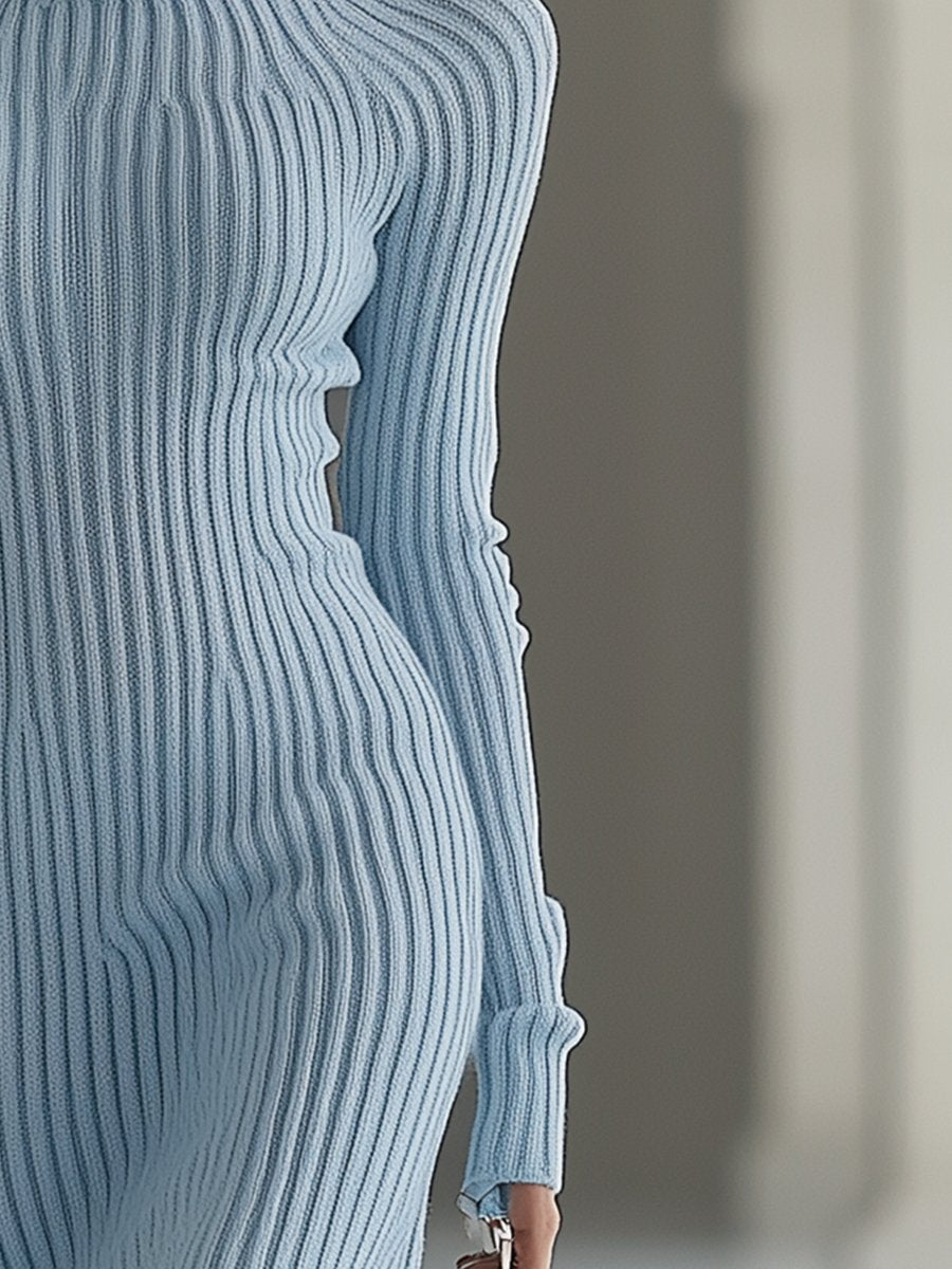 【24-hour shipping out】Fashion Long-sleeved Knitted Off-shoulder Haze Blue Midi Dress