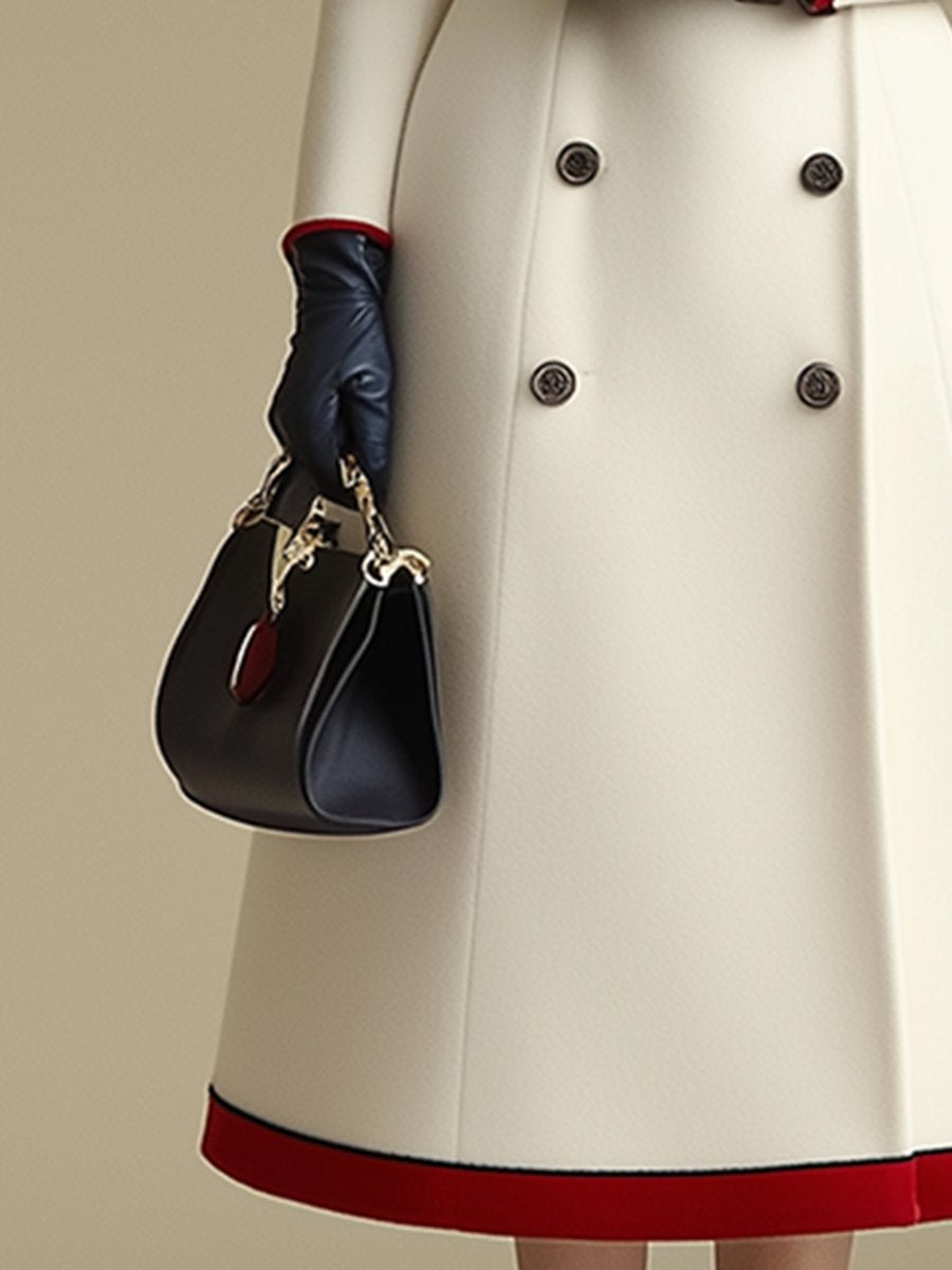 【24-hour shipping out】High-End Retro And Fashionable Double-Breasted Lapel Color-Blocked Long Coat