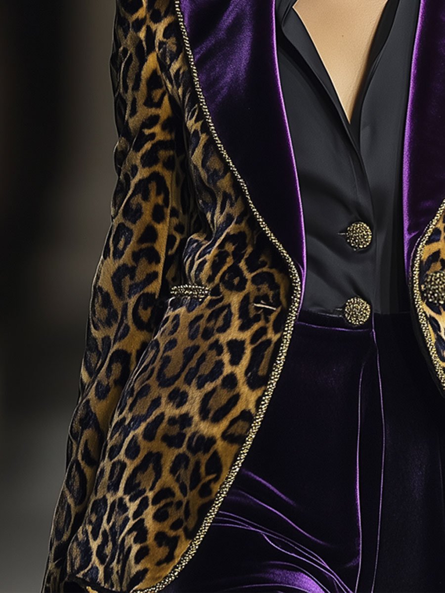 【24-hour shipping out】Casual Vintage Velvet Leopard Print Contrast Lapel Blazer