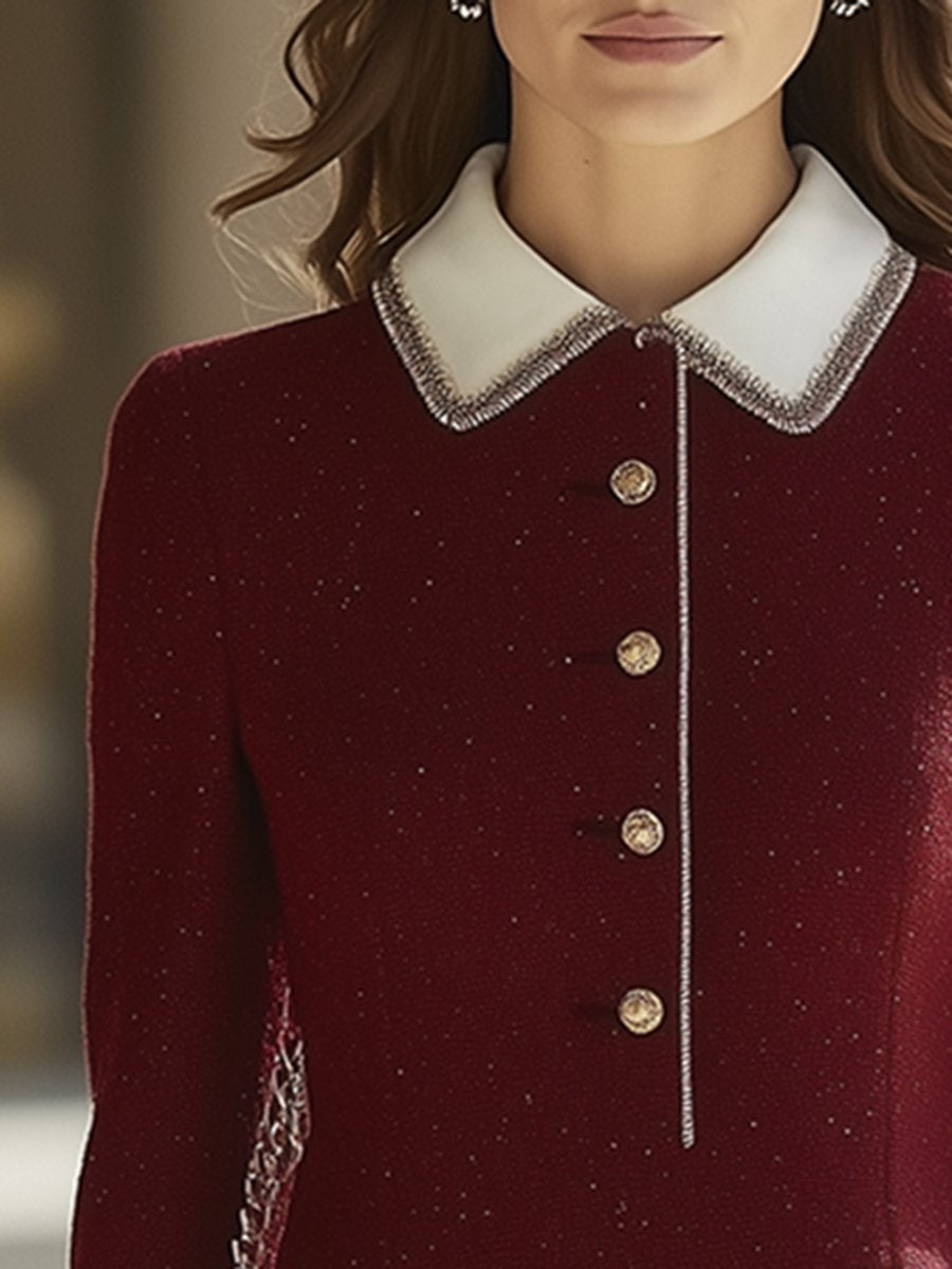 【24-hour shipping out】High-End Retro Luxury Contrast Hem Lapel Dress