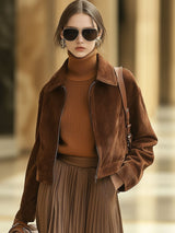 【24-hour shipping out】Casual Loose Solid Color Suede Zipper Pocket Short Jacket