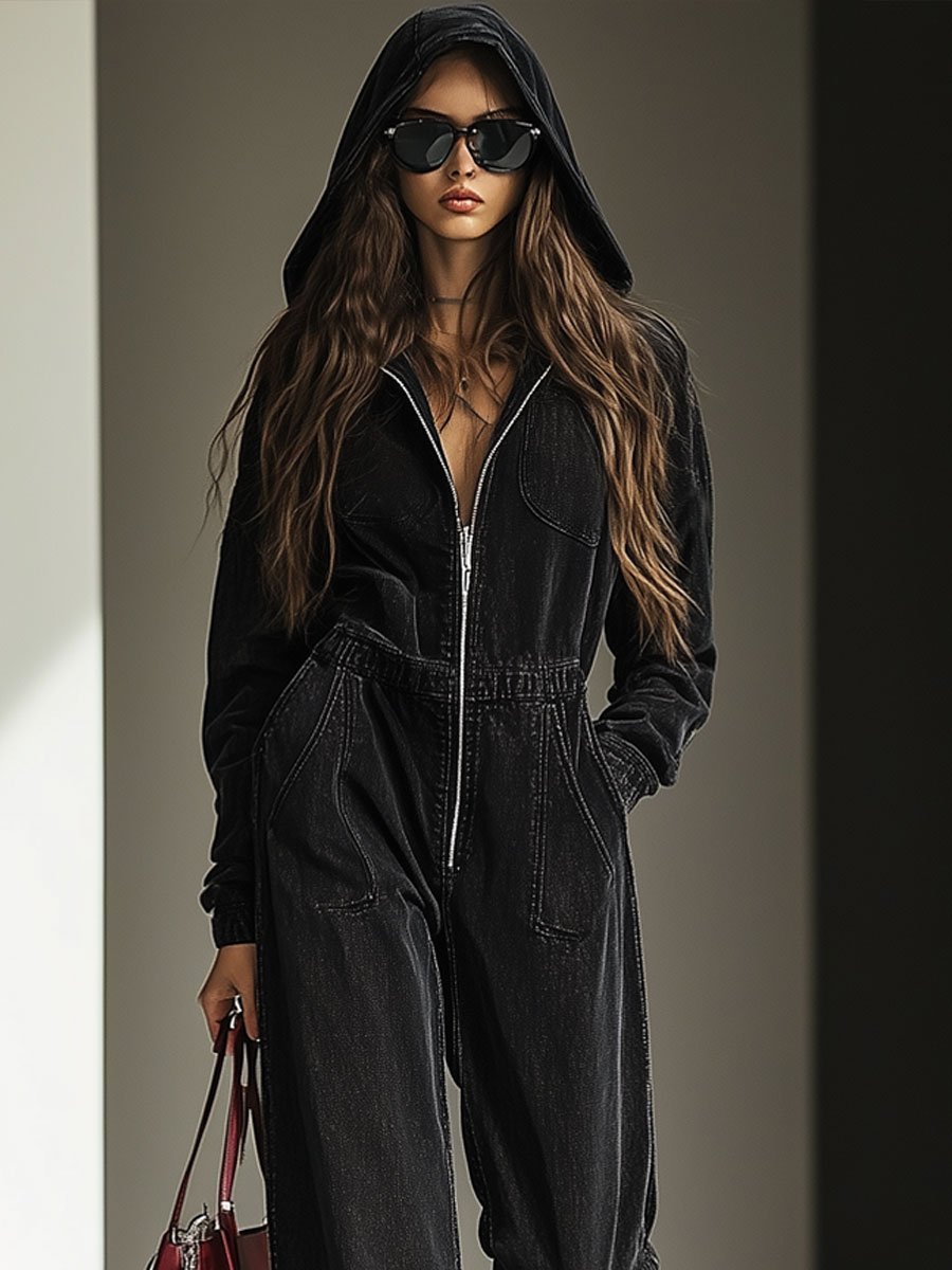 【24-hour shipping out】Casual Loose Vintage Denim Elastic Waist Zipper Hooded Jumpsuit