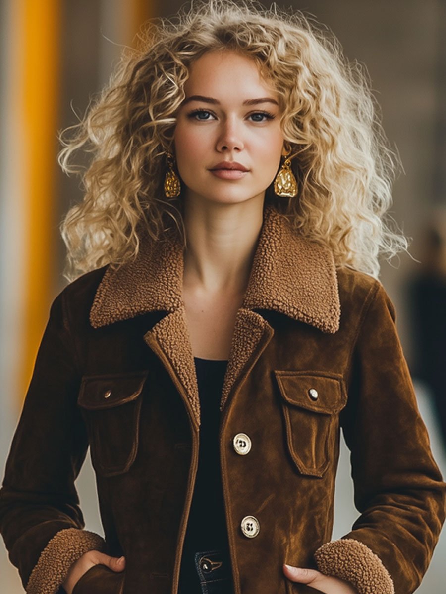 【24-hour shipping out】Casual Loose Retro Suede Lamb Wool Patchwork Multi-Pocket Coat