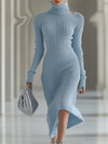 【24-hour shipping out】Fashion Long-sleeved Knitted Off-shoulder Haze Blue Midi Dress