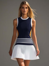 【24-hour shipping out】Fashionable and Energetic Vest-style Navy Blue and White Contrast Mini Dress