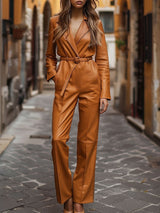 【24-hour shipping out】Casual Loose Pocket Vintage Leather Long Sleeve Jumpsuit