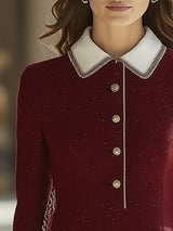 【24-hour shipping out】High-End Retro Luxury Contrast Hem Lapel Dress