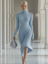【24-hour shipping out】Fashion Long-sleeved Knitted Off-shoulder Haze Blue Midi Dress