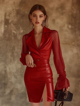 【24-hour shipping out】Bright and Moving transparent Mesh Sleeves Red Leather Slim Mini Dress