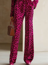 【24-hour shipping out】Casual Loose Retro Velvet Leopard Print Lapel Long Sleeve Jumpsuit