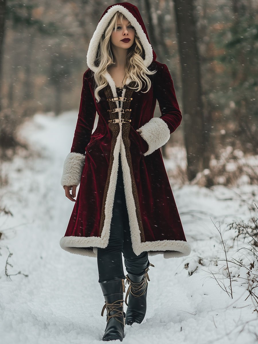 【24-hour shipping out】Loose Vintage Velvet Wool Gold Edge Stitched Pocket Hooded Coat