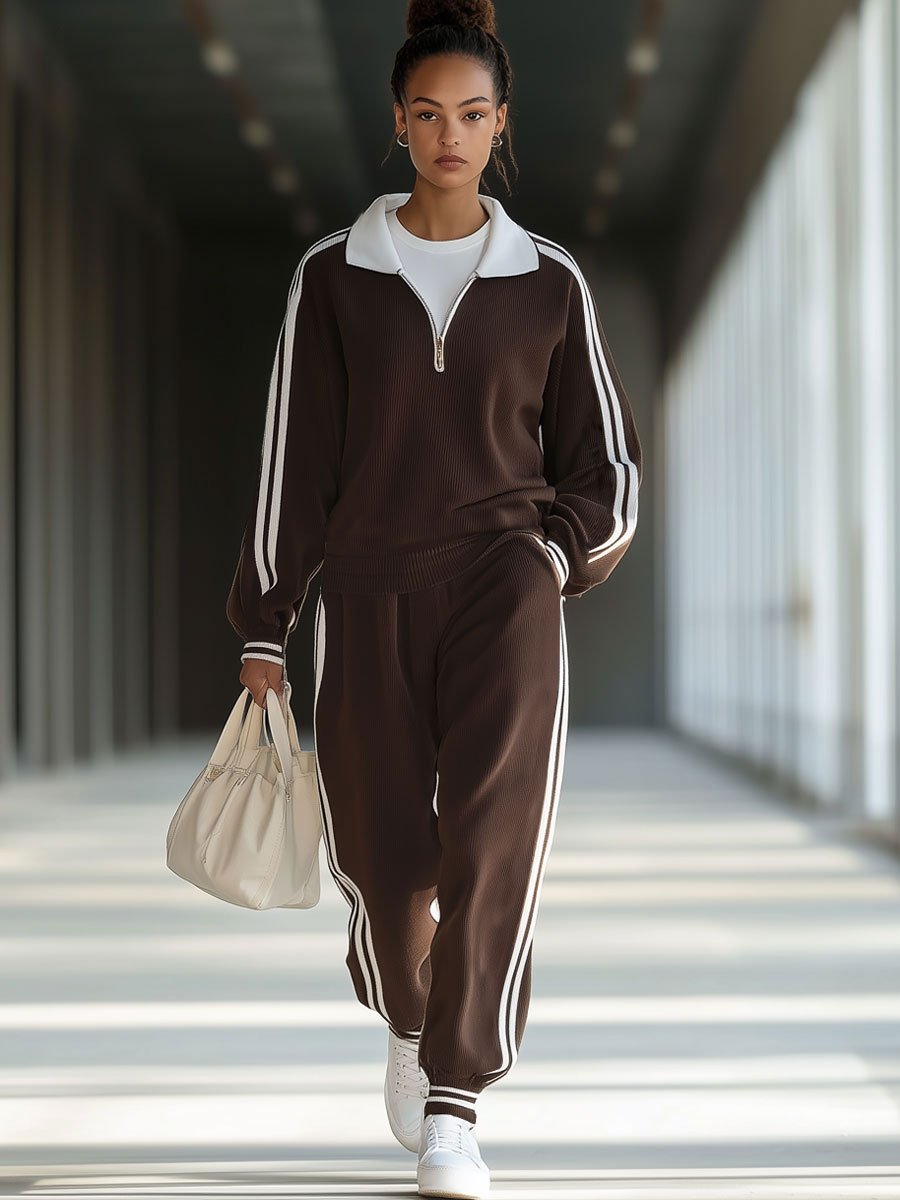 【24-hour shipping out】Casual Loose Retro Striped Polo Collar Zipper Sports Sweatshirt Set