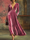 【24-hour shipping out】V-Neck Loose Simple Solid Color Velvet Pocket Long Sleeve Maxi Dress