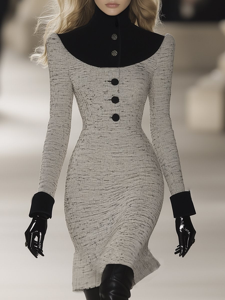 【24-hour shipping out】Retro Elegant Fashionable Stitching Velvet High Collar Tweed Midi Dress