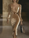 【24-hour shipping out】Elegant V-neck Slim-fit Champagne Velvet Midi Dress