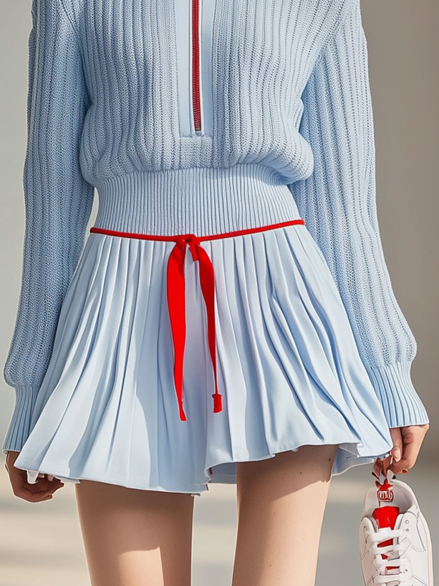 【24-hour shipping out】Casual Fashion Stand Collar Zipper Knitted Sweater Culotte Sports Set