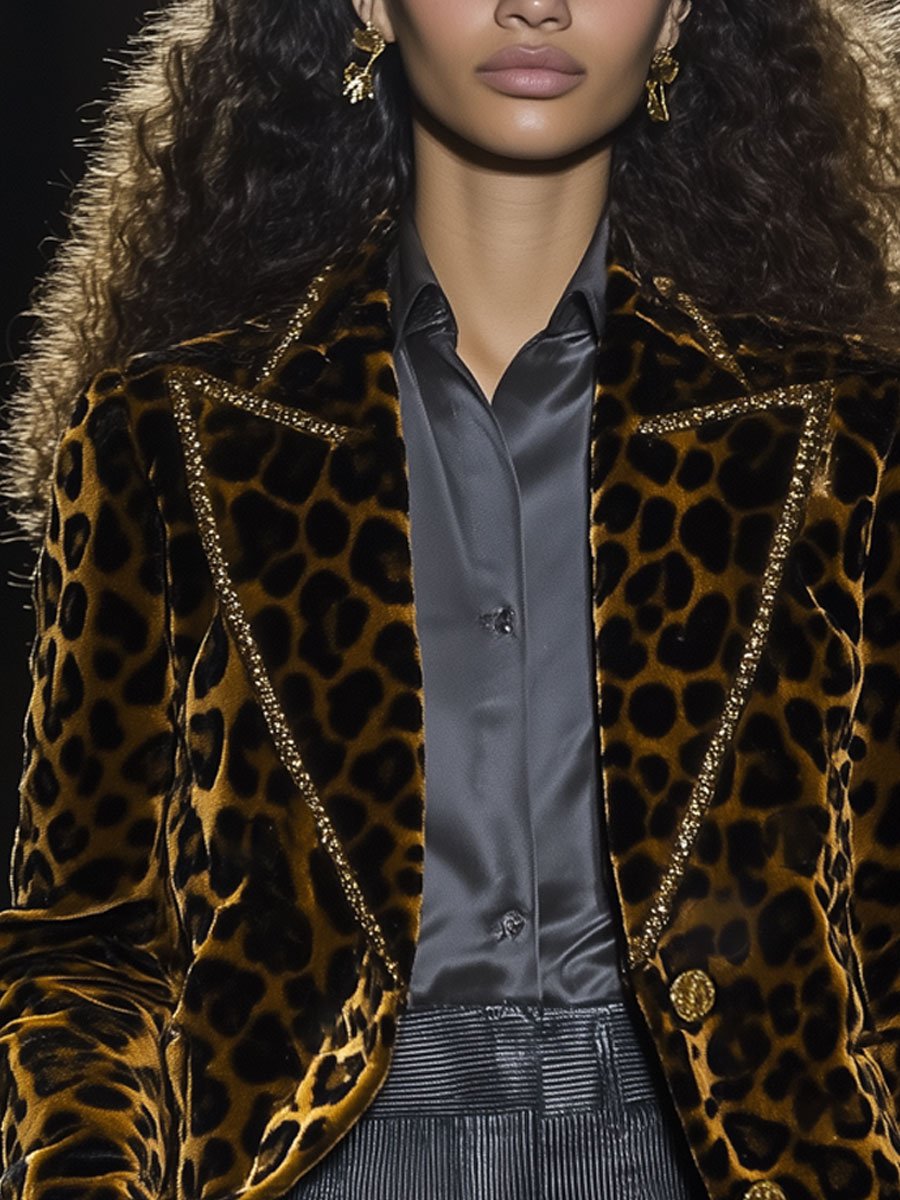 【24-hour shipping out】Casual Fashion Velvet Leopard Print Lapel Gold Edge Blazer