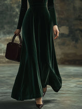 【24-hour shipping out】Fashion Party Solid Color Velvet Stand Collar Bowknot Long Sleeve Maxi Dress