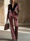 【24-hour shipping out】Casual Loose Retro Velvet Leopard Print Colorblock Lapel Long Sleeve Jumpsuit