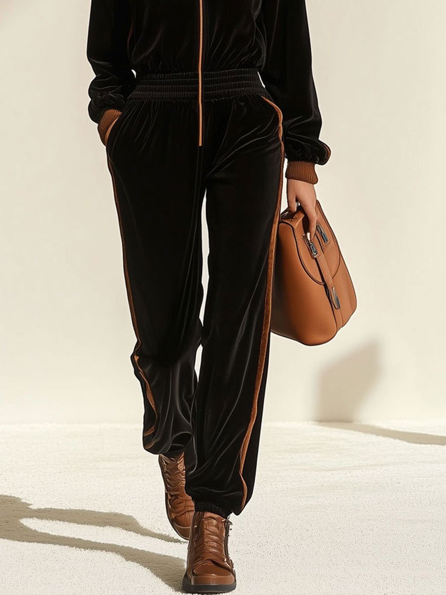 【24-hour shipping out】Casual Loose Retro Velvet Colorblock Zipper Hooded Jumpsuit