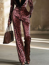 【24-hour shipping out】Casual Loose Retro Velvet Leopard Print Colorblock Lapel Long Sleeve Jumpsuit