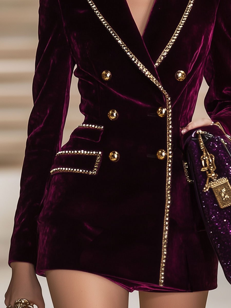【24-hour shipping out】Casual Vintage Burgundy Velvet Gold Trim Double Breasted Suit Mini Dress