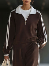【24-hour shipping out】Casual Loose Retro Striped Polo Collar Zipper Sports Sweatshirt Set