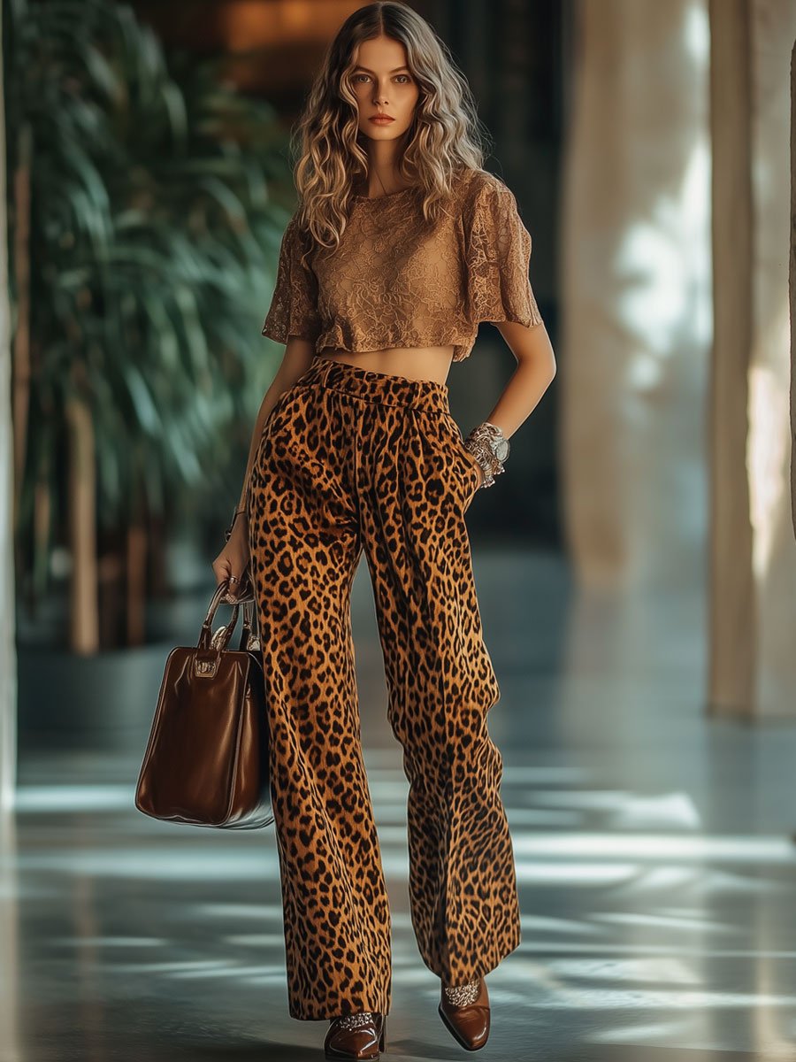 【24-hour shipping out】Casual Loose Vintage Velvet Leopard Print Pocket Elastic Waist Pants