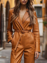 【24-hour shipping out】Casual Loose Pocket Vintage Leather Long Sleeve Jumpsuit