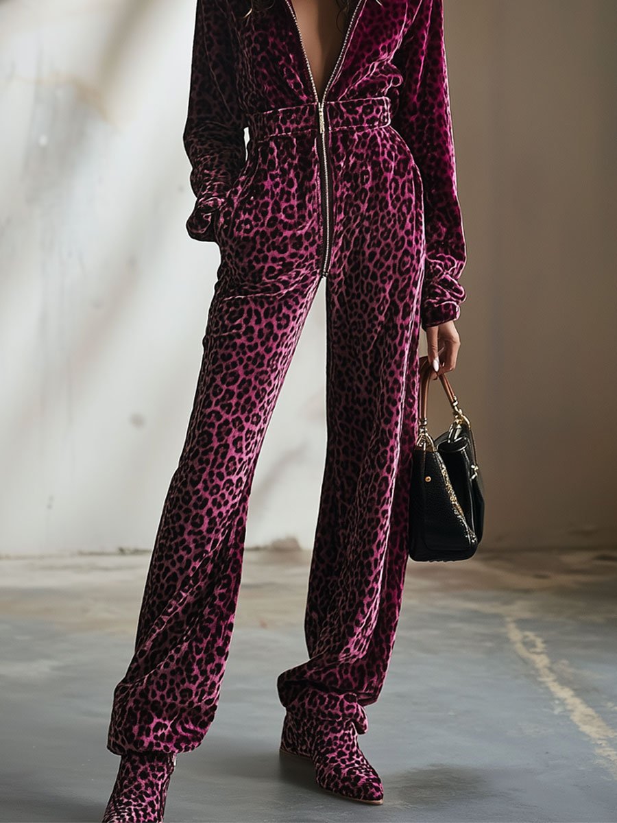 【24-hour shipping out】Casual Retro Purple Velvet Leopard Print Elastic Waist Zipper Hooded Jumpsuit