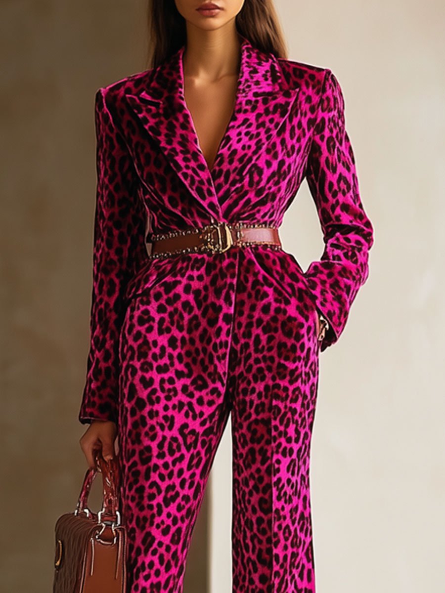 【24-hour shipping out】Casual Loose Retro Velvet Leopard Print Lapel Long Sleeve Jumpsuit