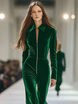 【24-hour shipping out】Casual Loose Retro Long Sleeve Green Velvet Zipper Jumpsuit