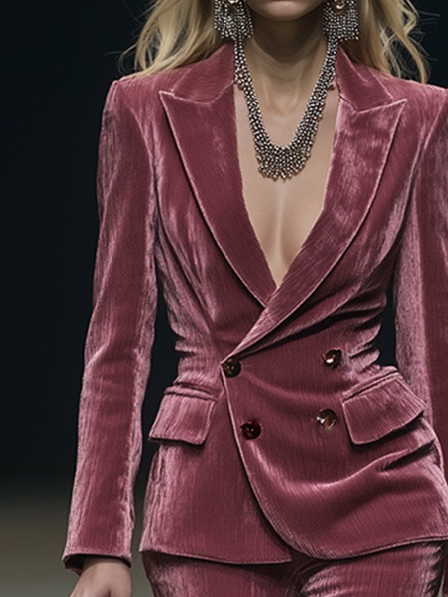 【24-hour shipping out】Vintage Elegant Rose Pink Velvet Suit