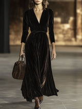 【24-hour shipping out】V-Neck Retro Solid Color Belted Velvet Long-Sleeved Maxi Dress