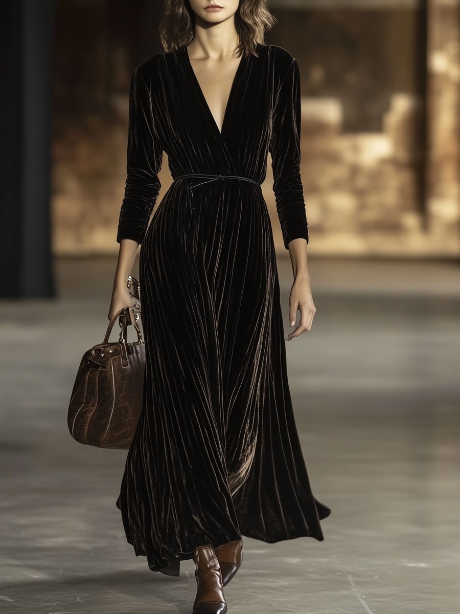 【24-hour shipping out】V-Neck Retro Solid Color Belted Velvet Long-Sleeved Maxi Dress