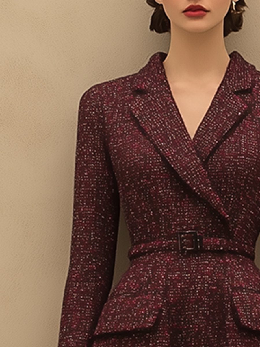 【24-hour shipping out】Vintage Elegant Ankola Red Tweed Lapel Dress