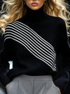 【24-hour shipping out】High-End Fashionable Loose Black And White Line Knitted Sweater