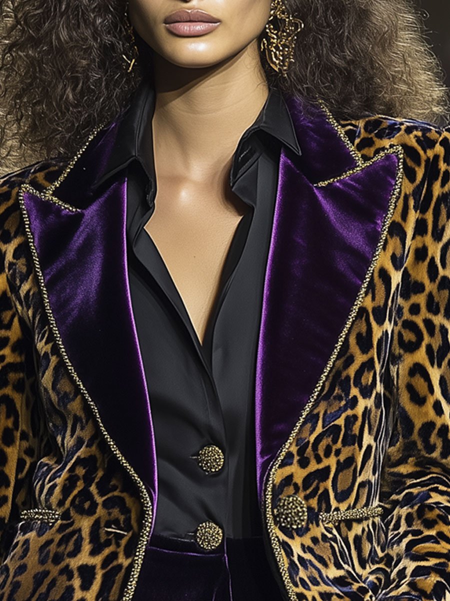 【24-hour shipping out】Casual Vintage Velvet Leopard Print Contrast Lapel Blazer