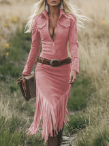 Retro Western Lapel Zipper Long Sleeve Tassel Midi Dress