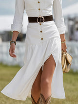 Fashion Casual Button-decorated White Slit Midi Dress