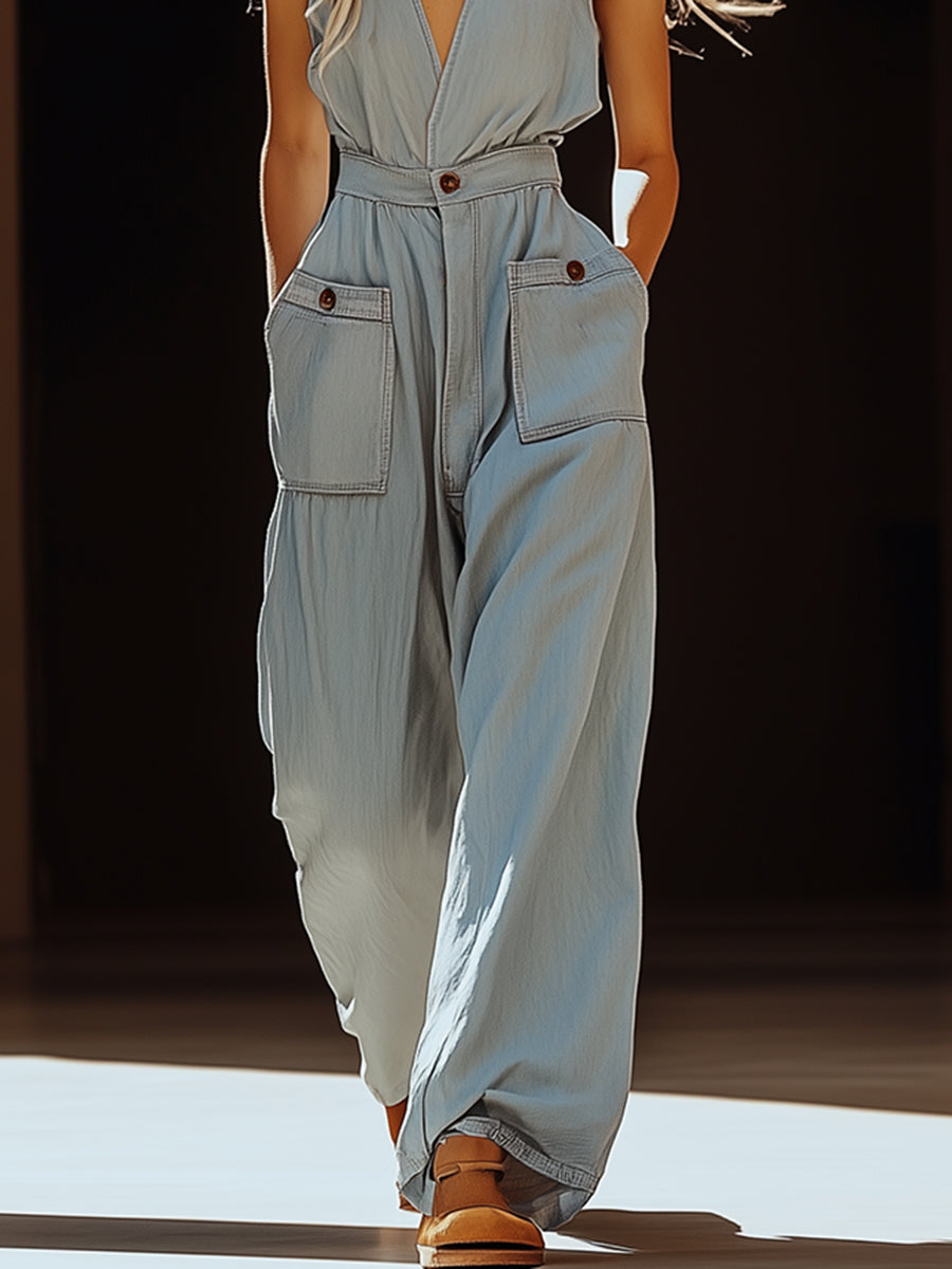 【24-hour shipping out】Casual Retro Gray-blue Tencel Denim Pocket Overalls