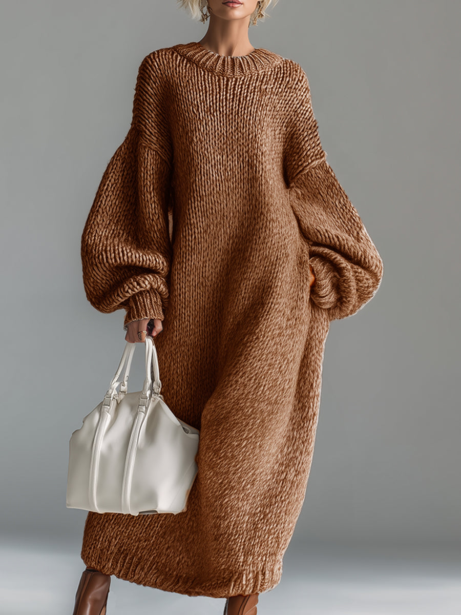 Elegant Urban Silhouette Round Neck Heathered Khaki Knitted Maxi Dress