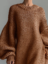 Elegant Urban Silhouette Round Neck Heathered Khaki Knitted Maxi Dress