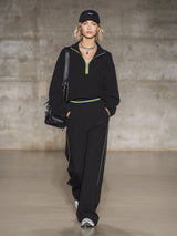 Stylish Black Pure Cotton Half-zip Sweatshirt And Wide-leg Pants Set.