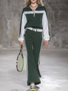 Casual Green And White Color-blocked Half-zip Sweatshirt And Flared Pants Set.