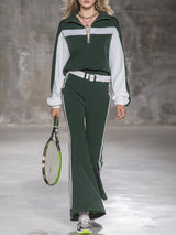 Casual Green And White Color-blocked Half-zip Sweatshirt And Flared Pants Set.