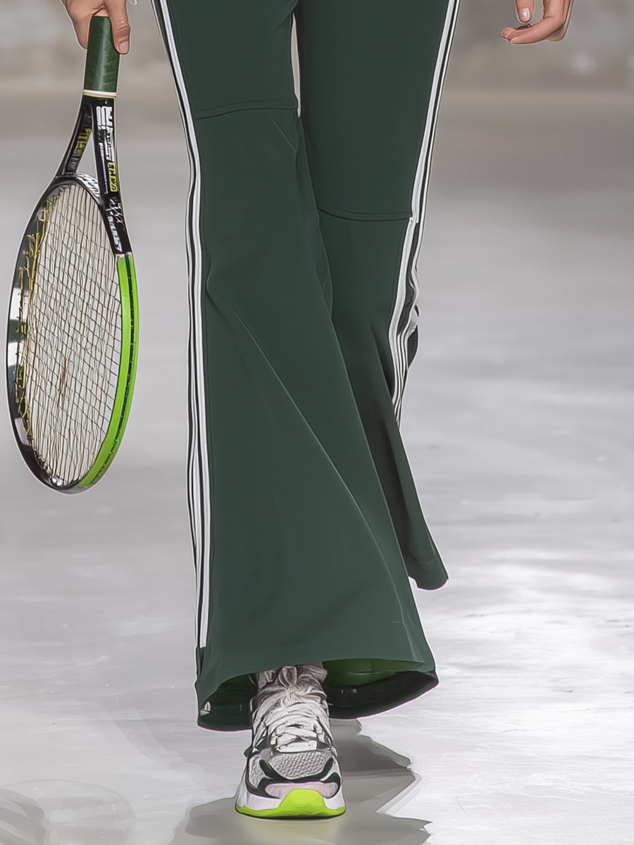 Casual Green And White Color-blocked Half-zip Sweatshirt And Flared Pants Set.