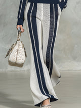 Stylish Blue And White Striped Knit Half-zip Top And Flared Pants Set
