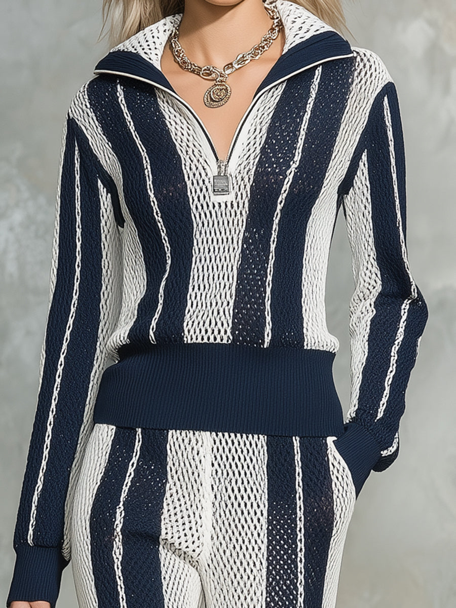 Stylish Blue And White Striped Knit Half-zip Top And Flared Pants Set