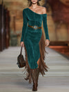 Western Green Faux Suede One-Shoulder Slit Patchwork Tassel Midi Dress